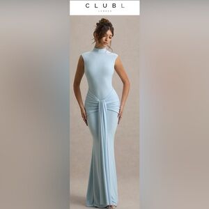 Club L London Pale Blue Sleeveless Maxi Dress with Draped Knot